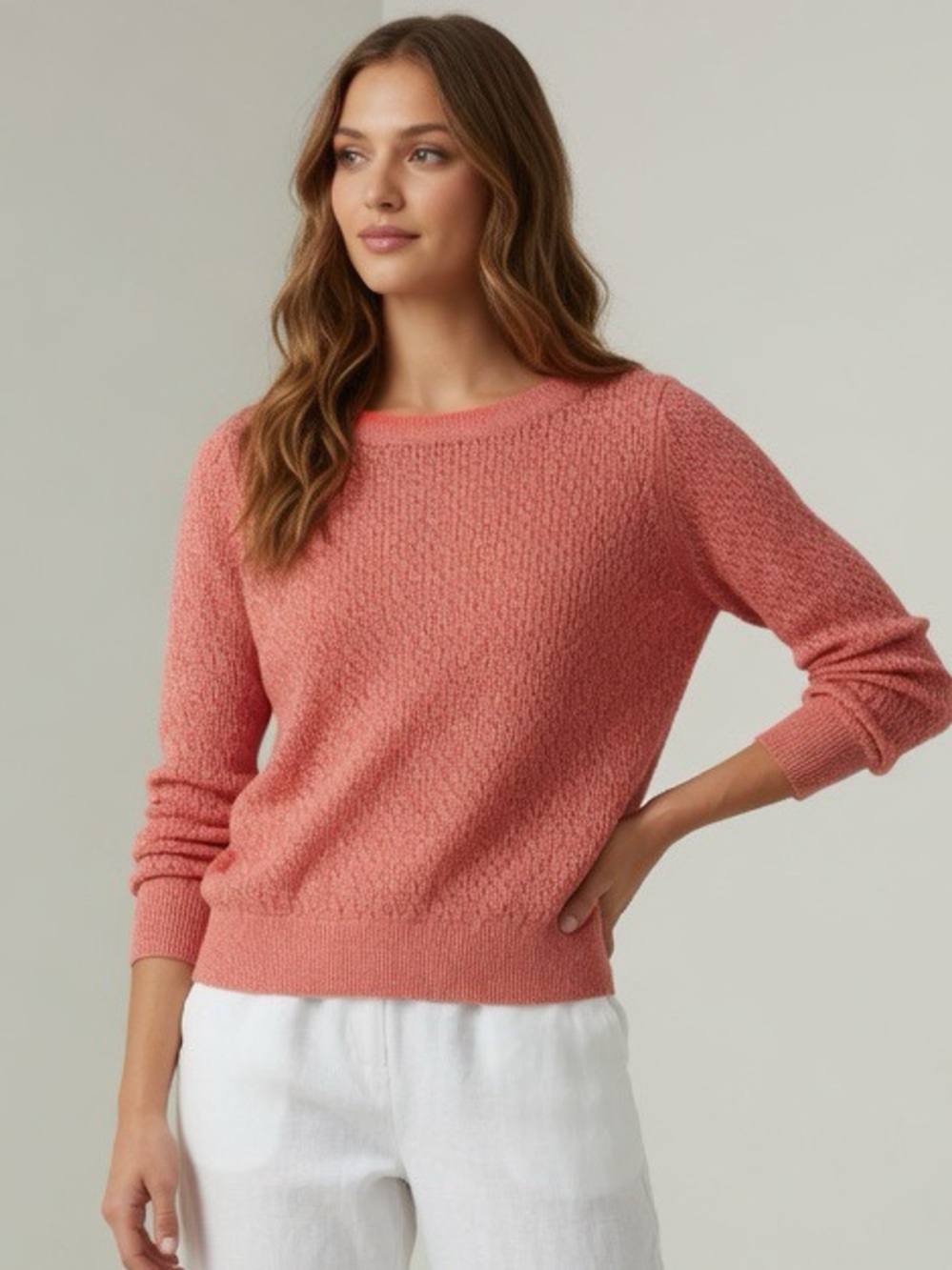 Anthropologie Guinevere Loose Knit Sweater Metallic Gold Hemp Blend Coral Med